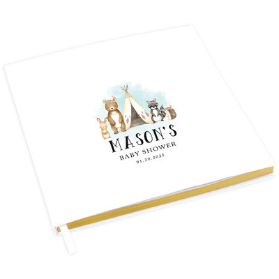 Livre d'or personnalisé pour fête de naissance avec accents dorés, nom personnalisé des animaux des bois, date, livre d'invités blanc dans le registre 120 pages 8,5 x 8,5 souvenirs pour bricolage, album, album photo