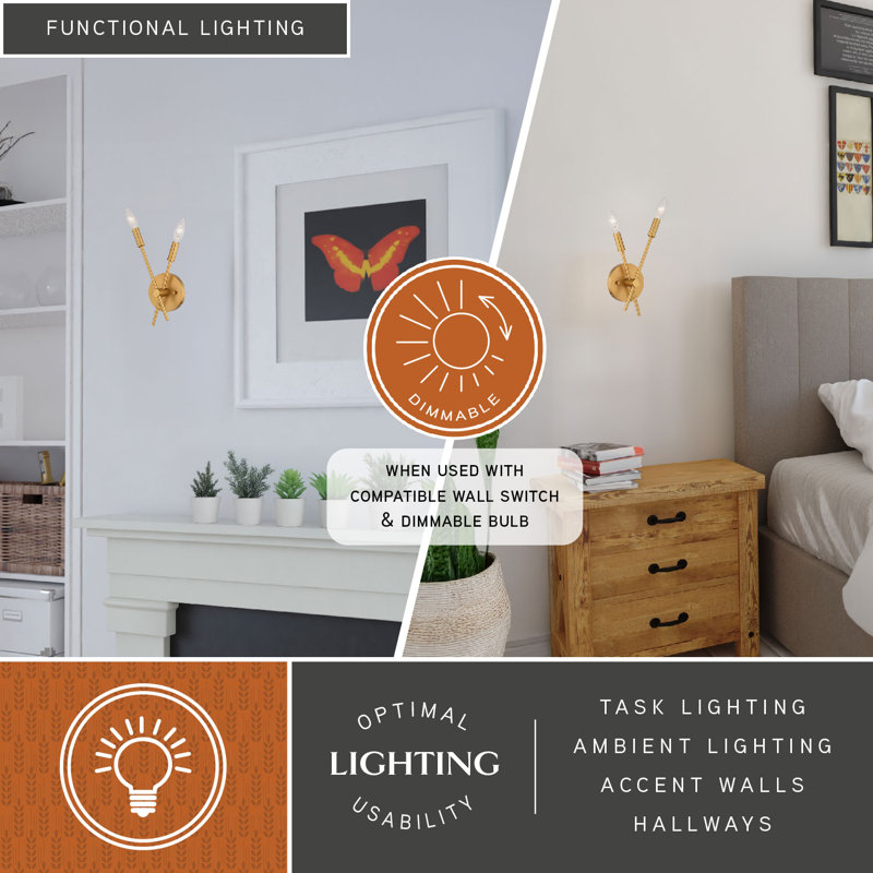 Leilah 2 Light Contemporary Candelabra Wall Sconce, Natural Brass