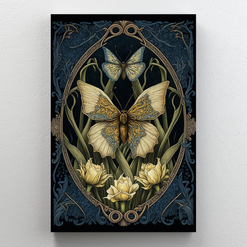 Jonquilles et papillon - impression sur toile tendue, H 36 po x L 24 po x l 1,25 po