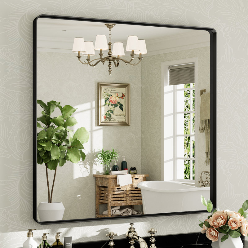 Miroir de salle de bain mural Llesenia, 38 po x 38 po, Noir mat, Carrée