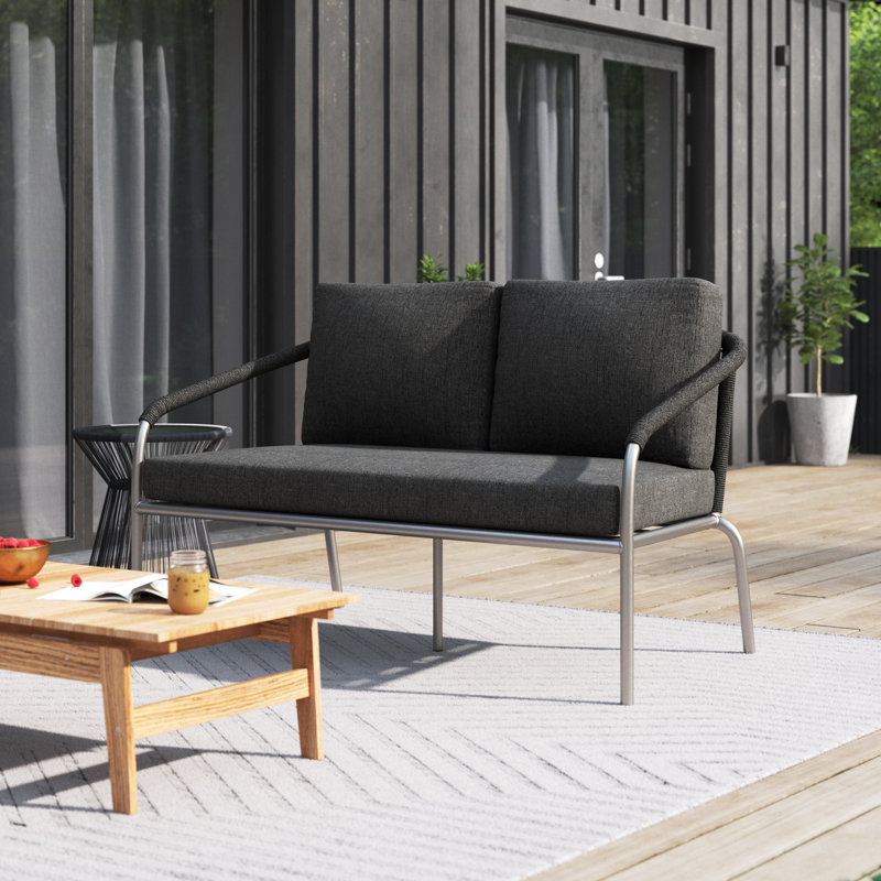 Catlin Outdoor Loveseat with Cushions – Aluminum Frame Patio Furniture with Quick-Dry Mesh & Rope Detailing