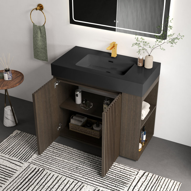 Meuble-lavabo de 36 pouces avec lavabo à quartz noir - Rangement autoportant moderne, Gray