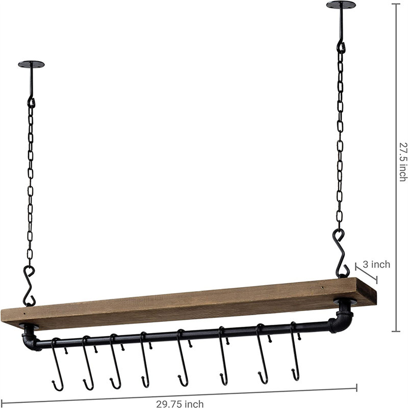 Metal/Wood Rectangle Hanging Pot Rack, Brown