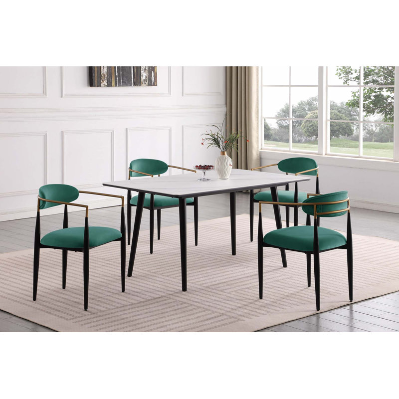 5Pc Dining Set Sintered Stone Table, White, Green/Black