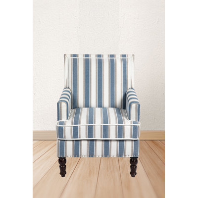 Upholstered Accent Chair, Vintage Armchair with Blue and White Striped Linen Fabric