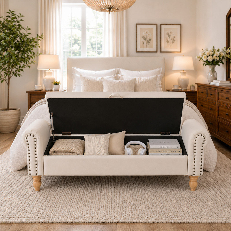 Banc de rangement avec repose-pieds, beige
