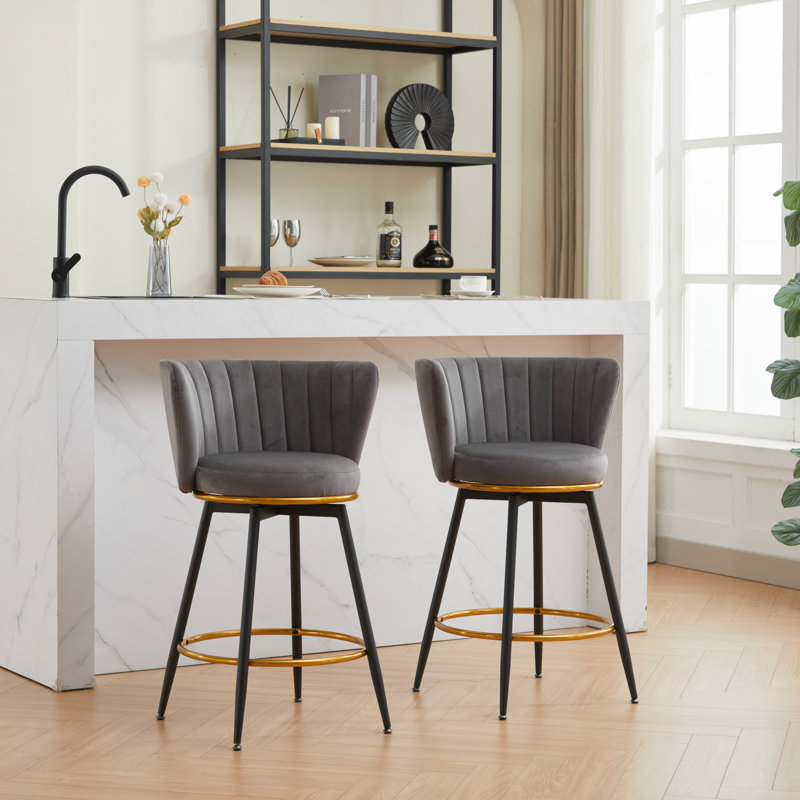 Counter Height Bar Stools Set of 2, 360° Swivel Upholstered with Backs, Metal Legs, 26\, Dark Gray