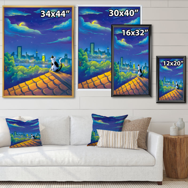 «Moon Night Cat and Moon City Scene», reproduction sur toile, H 44 po x l 34 po, Cadre flottant blanc