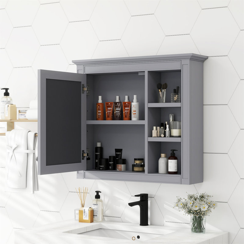30"W Wall Mounted Bathroom Medicine Cabinet With Mirror, Gray