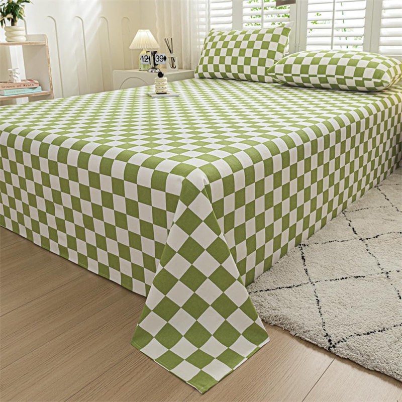 Grid Sheet Set 4 PCs Bedding Sheet Set 1 Fitted Sheet 1 Flat Sheet 2 Pillowcases, Green Checkered