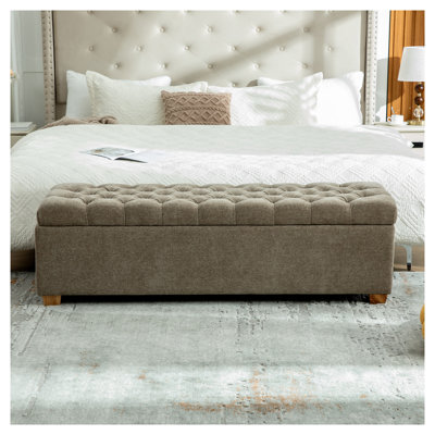 Banc de rangement rembourré en chenille de 60,2 po de largeur, banc capitonné à extrémité rabattable avec rangement pour la chambre à coucher, le salon et le vestibule - Taupe