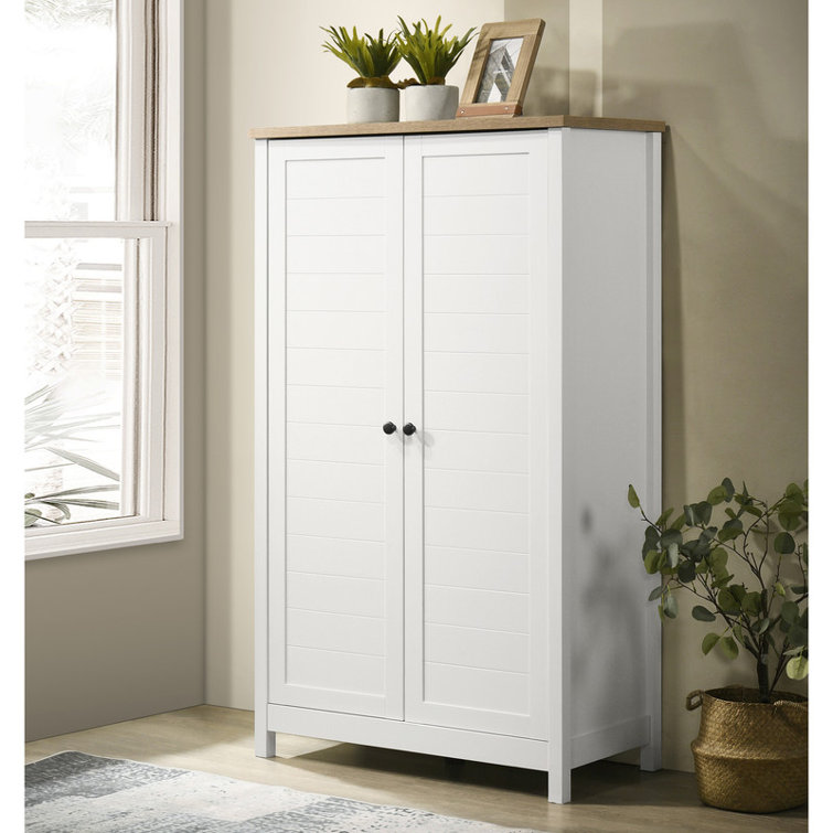 Pistey 35" White Storage Cabinet with Oak Accent Finish and Framed Slatted Panel Design