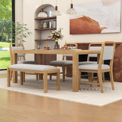 Ensemble de table de salle à manger extensible Elegant 6 pièces avec rallonge amovible, chaises rembourrées et banc