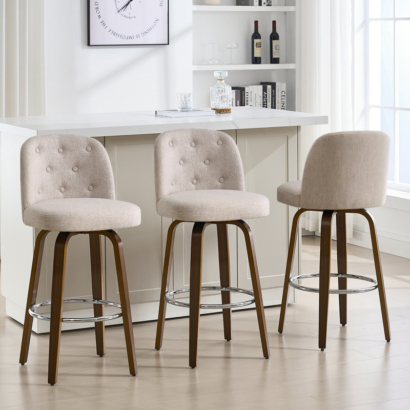 65CM Seat Height Swivel Upholstered Counter Stool with Solid Wood Frame(Set of 2), Milky Brown