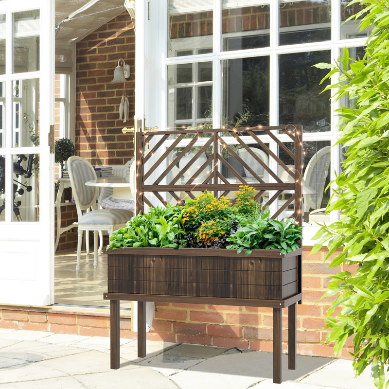 Lit de jardin surélevé Outsunny avec treillis pour plantes grimpantes, légumes, vignes, pot à fleurs en bois avec pieds, trous de drainage et filtre pour jardin extérieur, patio, carbonisé