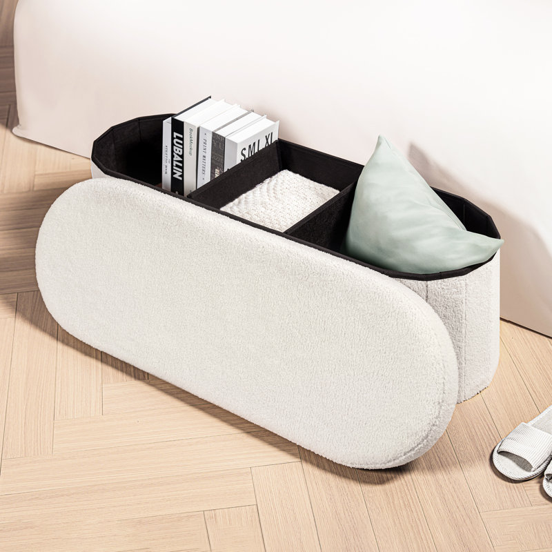 Bazine Upholstered Ottoman Bench Oval with Storage 43"x15"x15", White Teddy