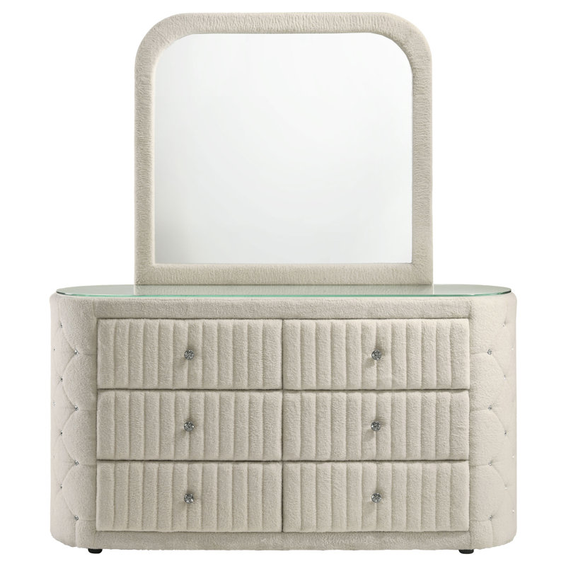 Sonya 6-Drawer Upholstered Bedroom Dresser With Mirror Ivory