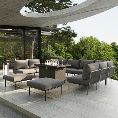 Ebern Designs 11 Pieces Aluminum Patio Furniture Set, Modern Modular Sectional Sofa with Fire Pit Table and Upgrade Thickness Cushion