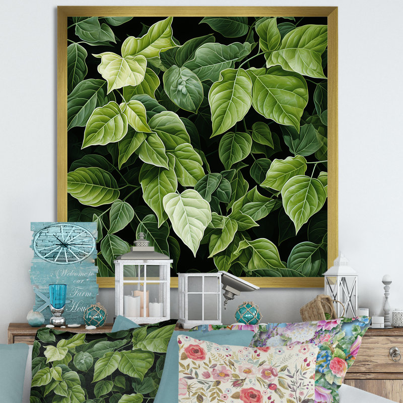 Toile ivoire ivoire à feuilles vertes, Cadre doré simple, H 16 po x l 16 po x P 1 po