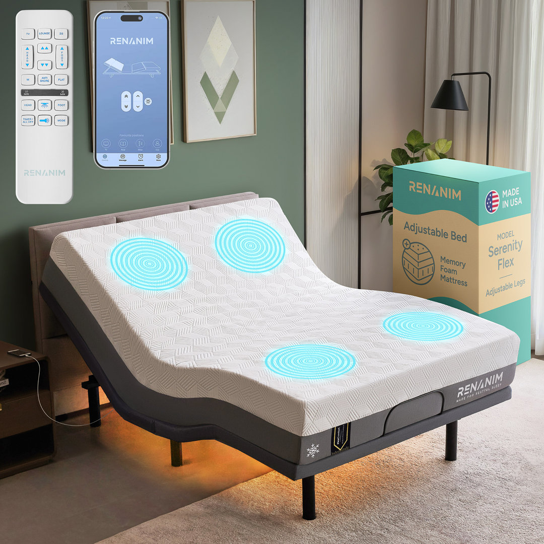 Renanim SerenityFlex Adjustable Bed with 12" Memory Foam Mattress, Massage, USB, Remote & App Alwyn Home 