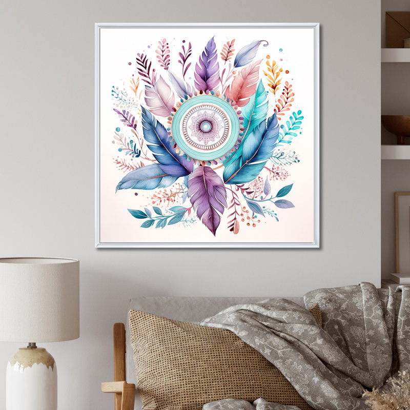 Attrape-rêves pastel turquoise Boho sur toile, H 16 po x l 16 po x P 1 po, Cadre flottant blanc