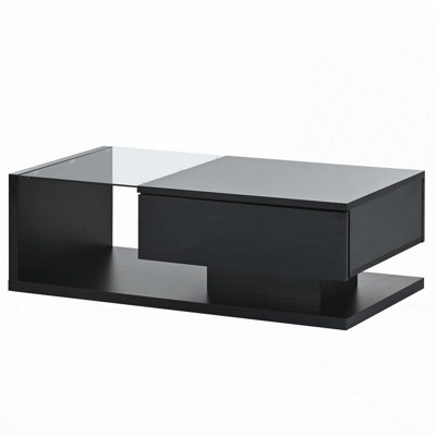 Coffee Table with Tempered Glass, Wooden Cocktail Table with High-gloss UV Surface