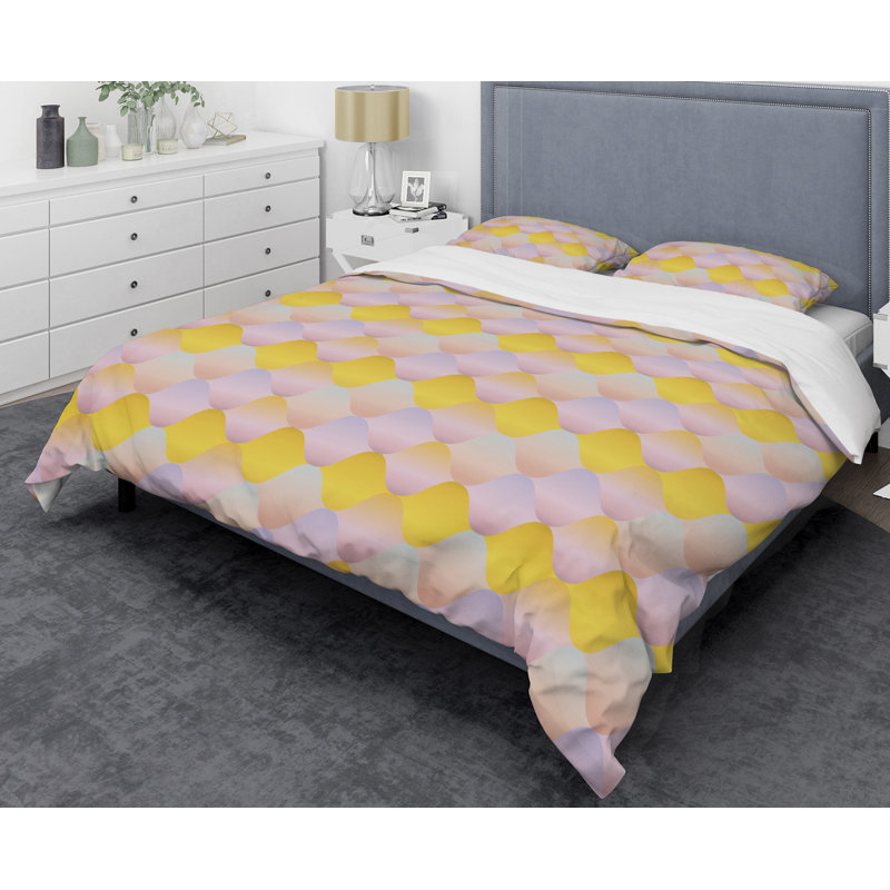 Retro Art Deco - Mid century bedding set - Modern Mid-century Bed cover set, King Duvet Cover + 2 Shams, Yellow/Pink Diamond