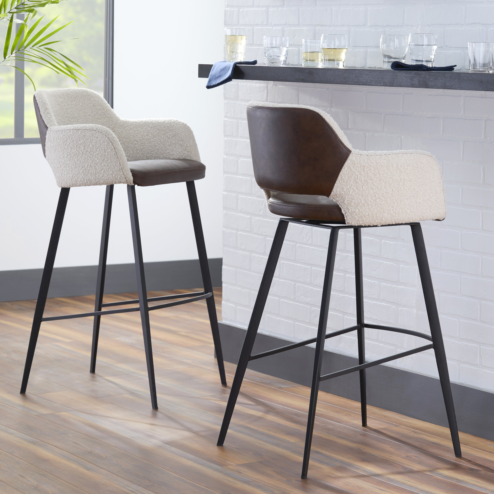 Ivonne Swivel Bar & Counter Stool, Bar Stool (29.34” Seat Height), Dark Gray Faux Leather
