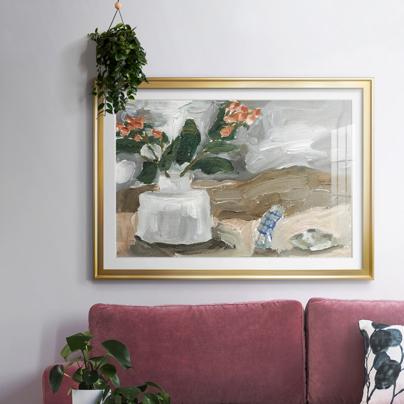 Vase de fleurs roses III, impression sur papier, H 19 po x l 27 po x P 1,5 po, Or