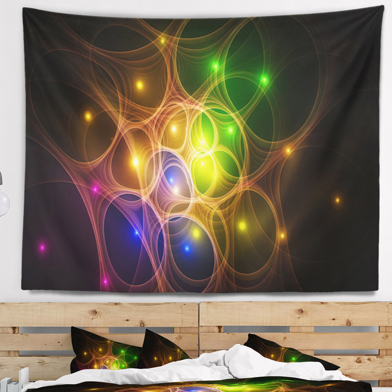 Tapisserie cercles d’espace en fractales jaune abstrait, H 32 po x l 39 po