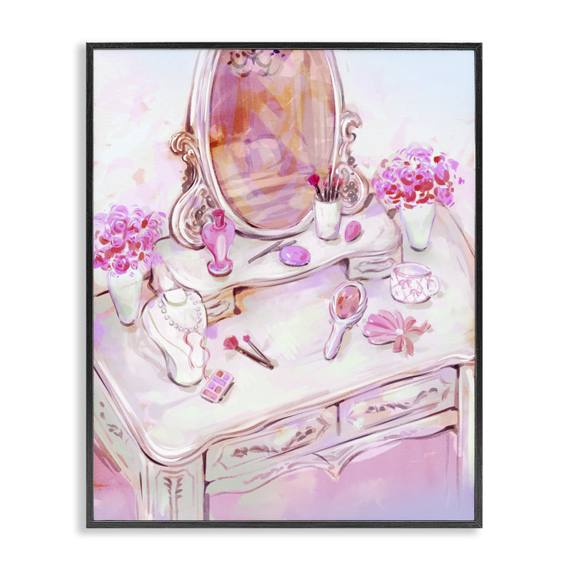 Vue de coiffeuse rose pastel encadrée, estampe numérique, design par Ziwei Li, Giclée encadrée noir minuit, H 30 po x l 24 po