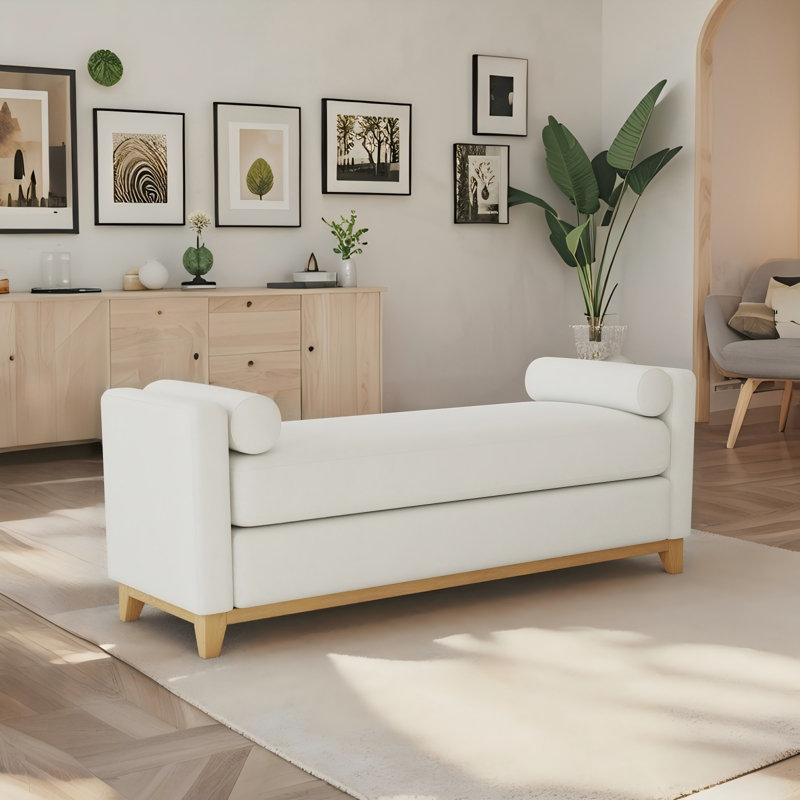 Banc rembourré en molleton 66,34 po Sherpa, Natural Wood, Beige