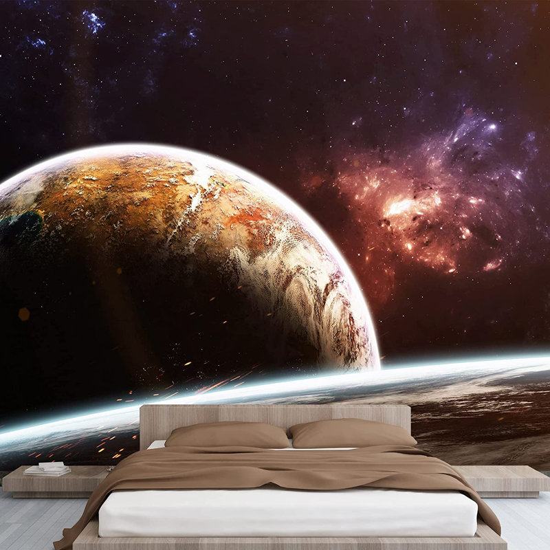 Planet In Outer Space Galaxy Border, 66" L x 96" W, Brown