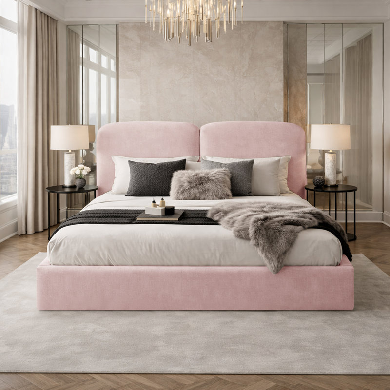 Upholstered Velvet Bed, Super King (6'), Pink