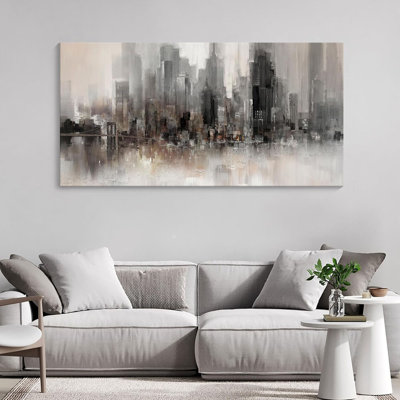 Large Abstract Wall Art For Living Room,Cityscape New York Canvas Wall Decor For Bedroom,Print Brooklyn Bridge Themed Painting Brown Modern Picture Decoration Artwork Size 24X48inch