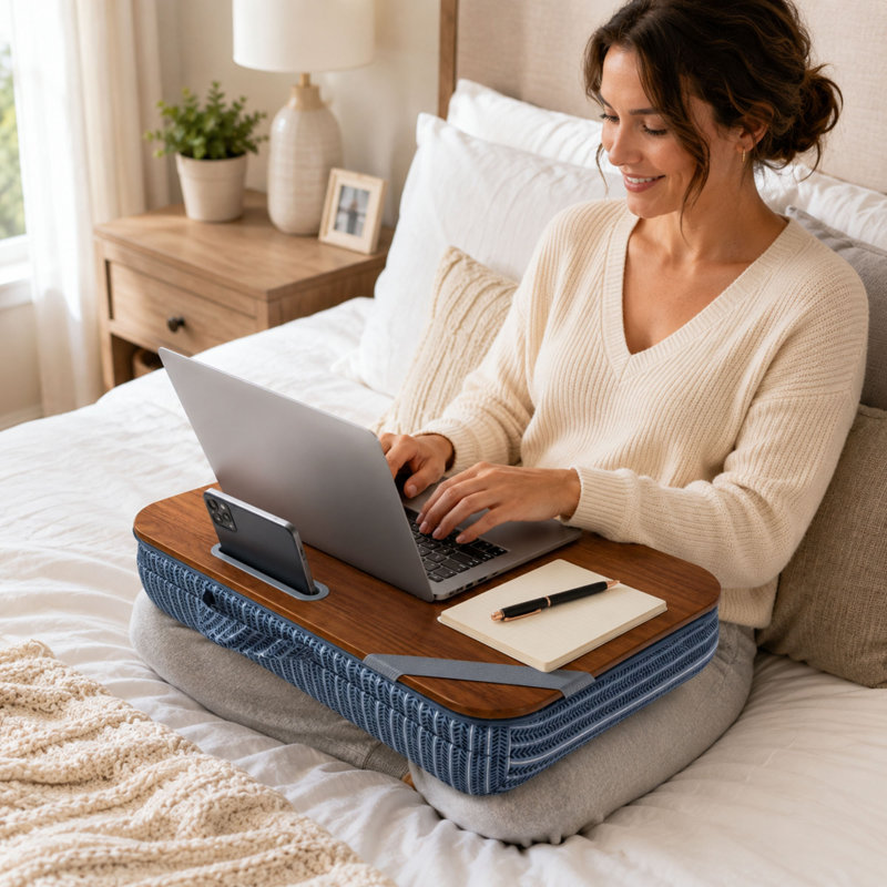 Bureau portatif, base de coussin et support pour téléphone portable