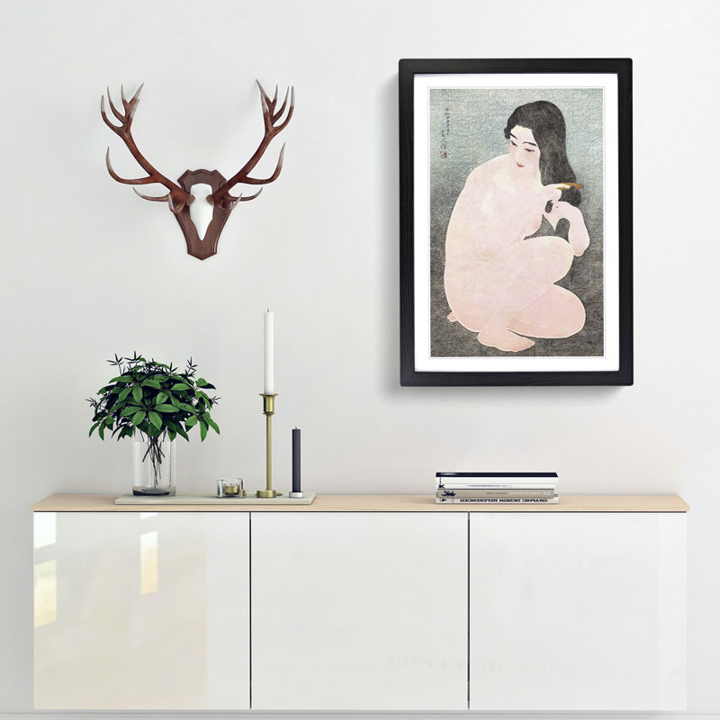 Kamisuki Combing Her Hair by Ito Shinsui - Framed Print, 36cm H x 27cm W x 2cm D, Black Framed
