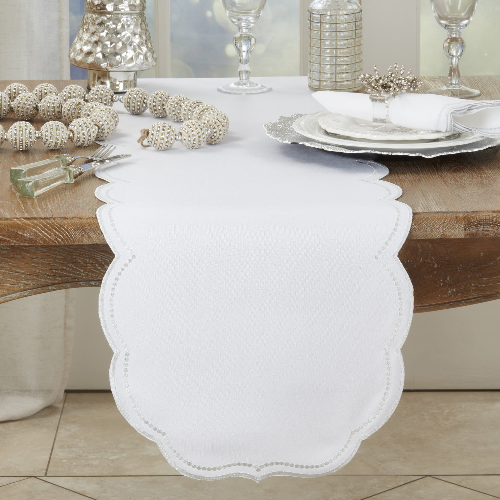 Saro Lauryn 70" Table Runner, White/Silver