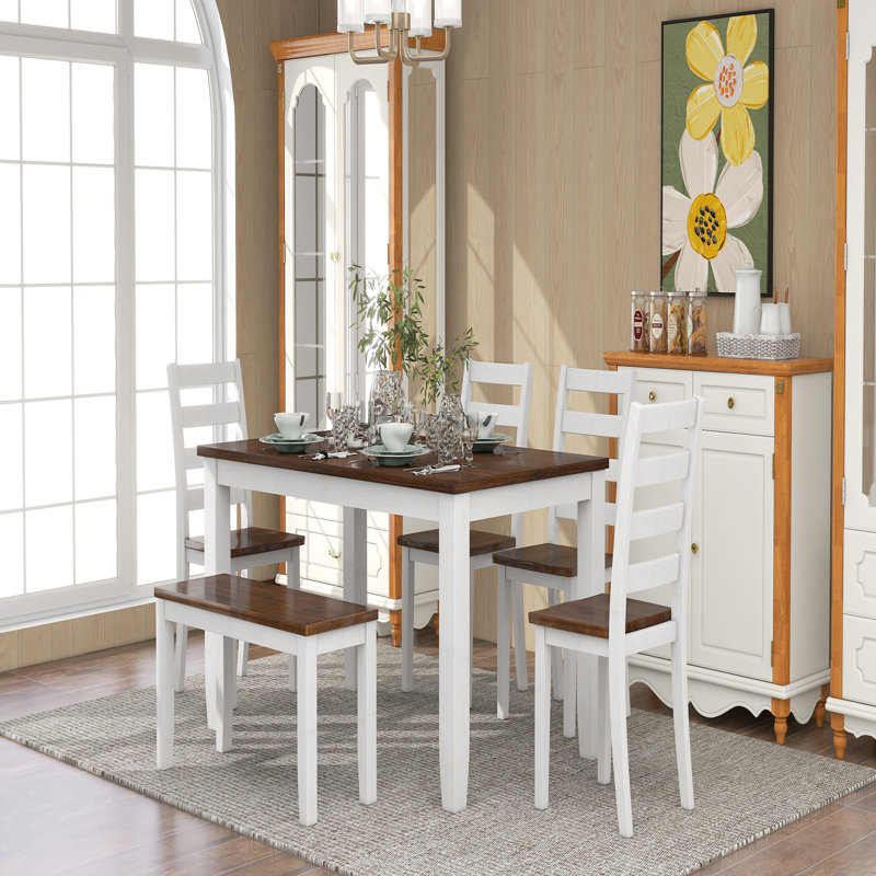 Ensemble de table de salle à manger de style rustique 6 pièces avec 4 chaises ergonomiques et un banc, Noyer, Noyer