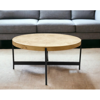 36" Natural And Black Wood And Iron Round Coffee Table