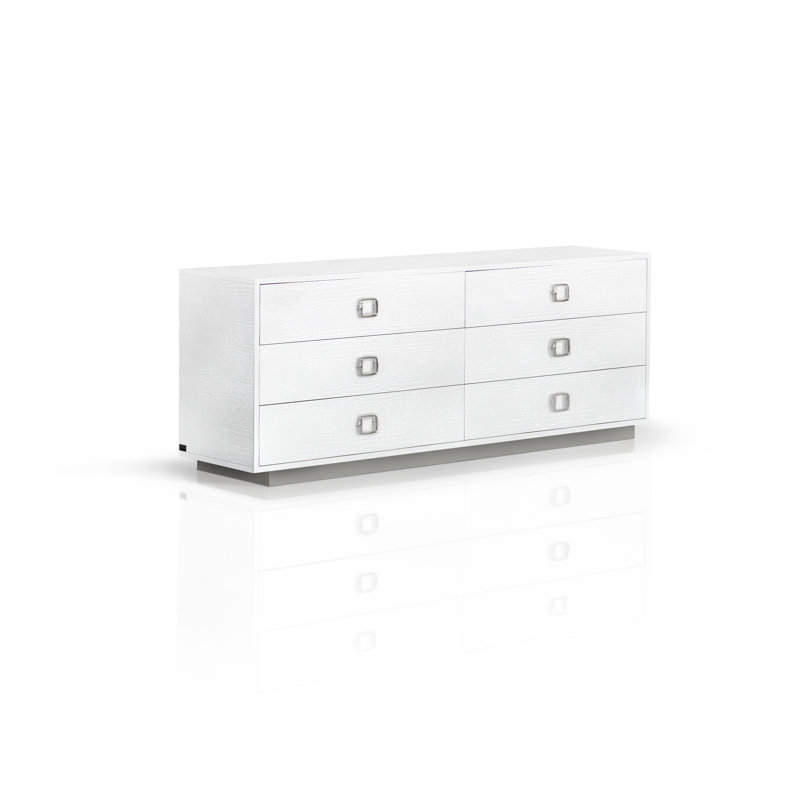 Commode crocodile à 6 tiroirs l 63 po, Argent / blanc