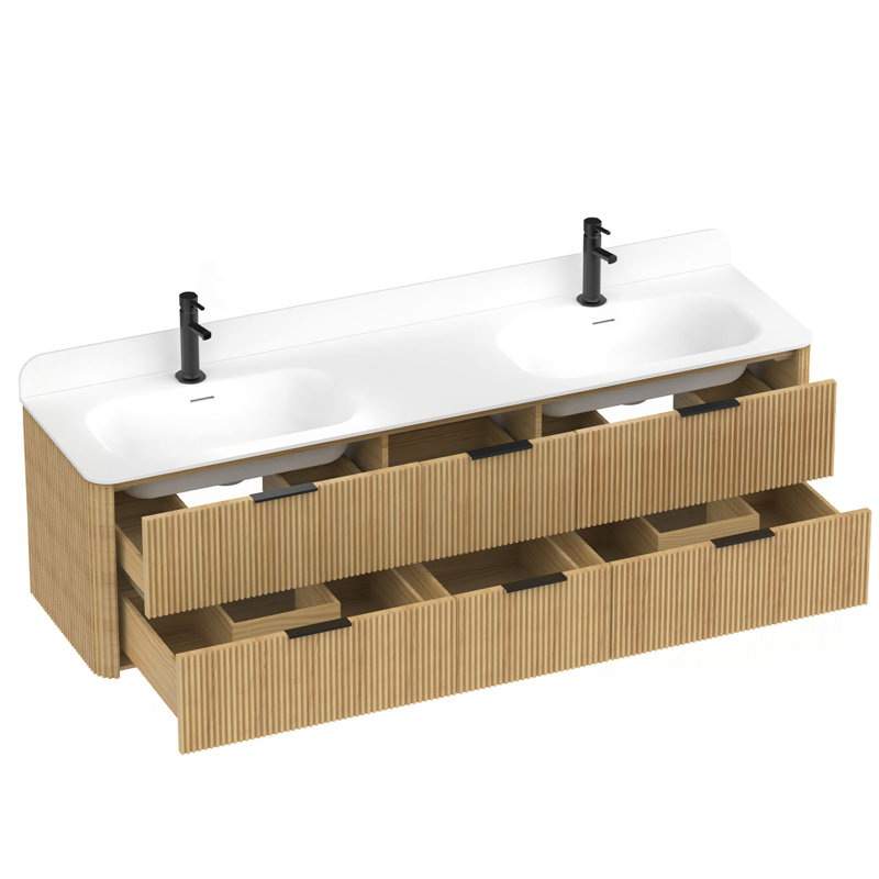 Meuble-lavabo cannelé 72 po avec lavabo intégré et quincaillerie, Golden Oak/Black, 72"
