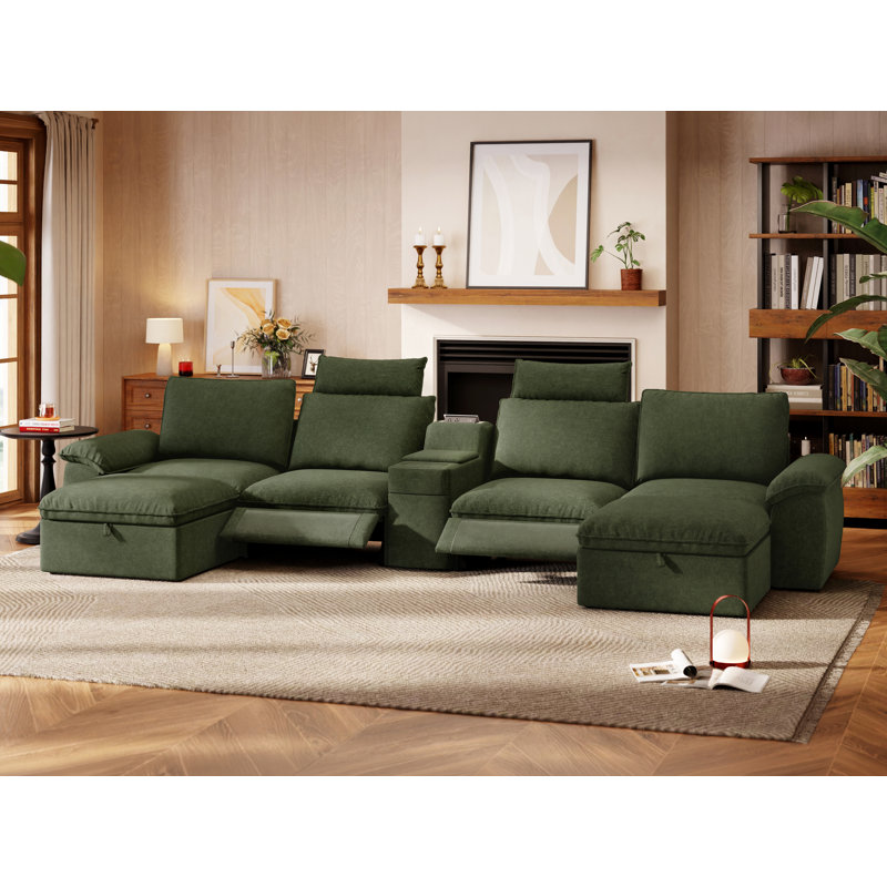 Canapé inclinable électrique modulaire surdimensionné 6 places avec appui-tête, Tissu vert