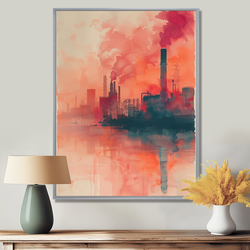 Red Orange Electric Dreams Power Plant - Power Plants, art mural, H 34 po x l 44 po, Encadrement argenté