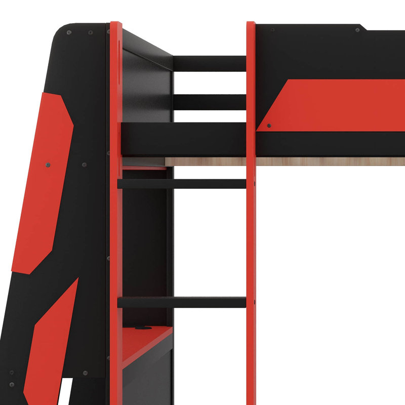 Gaming Loft Bed With Desk & Storage Shelves, Built-In Power Outlets & USB Ports, LED Lights, Black/Red