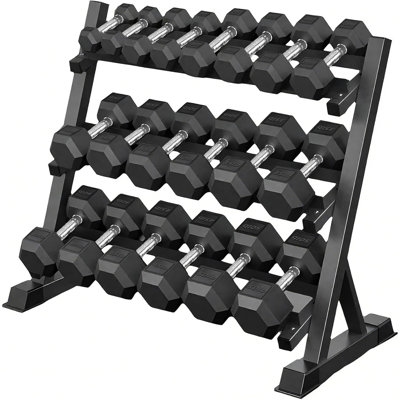 Ensemble de 9 haltères en fer et en caoutchouc (450 lb), poids libres portatifs de 5 à 45 lb pour l'entraînement en force, poids en caoutchouc hexagonaux avec support de rangement vertical, équipement de gymnastique à domicile
