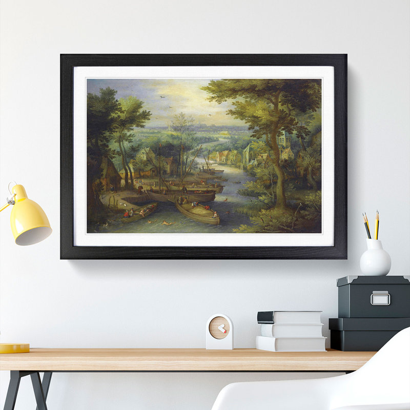River Landscape by Pieter Bruegel the Elder - Picture Frame Painting, Black Framed, 48cm H x 65cm W x 2cm D