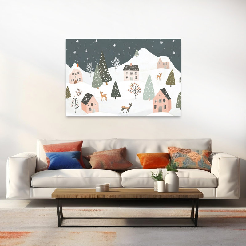 Magical Winter Village Rustic Serene Abstract Deer Forest Landscape Wall Art Print by Mathieu - Wrapped Canvas Print
