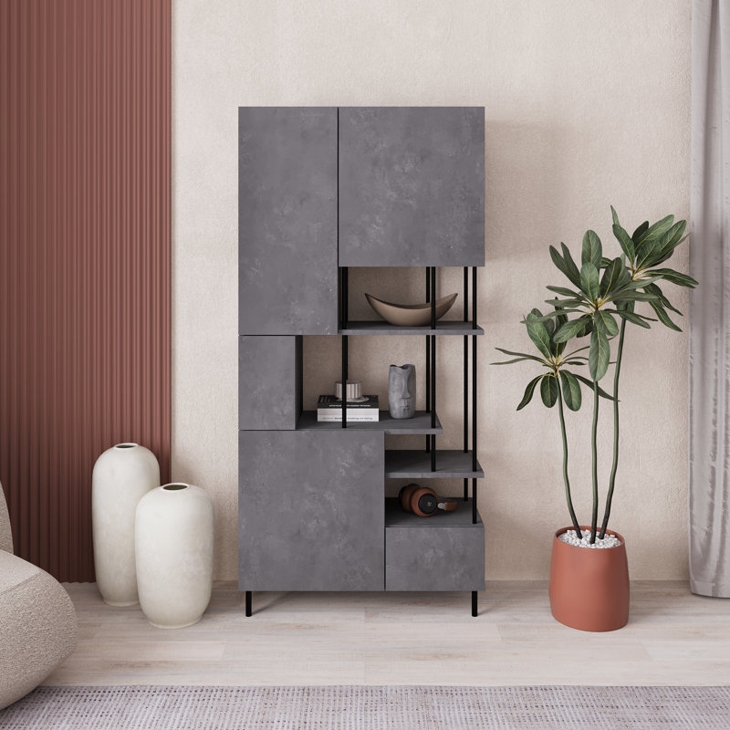 Key Modern Bookcase Display Unit with Closed Cabinets and Open Shelves, Retro Grey