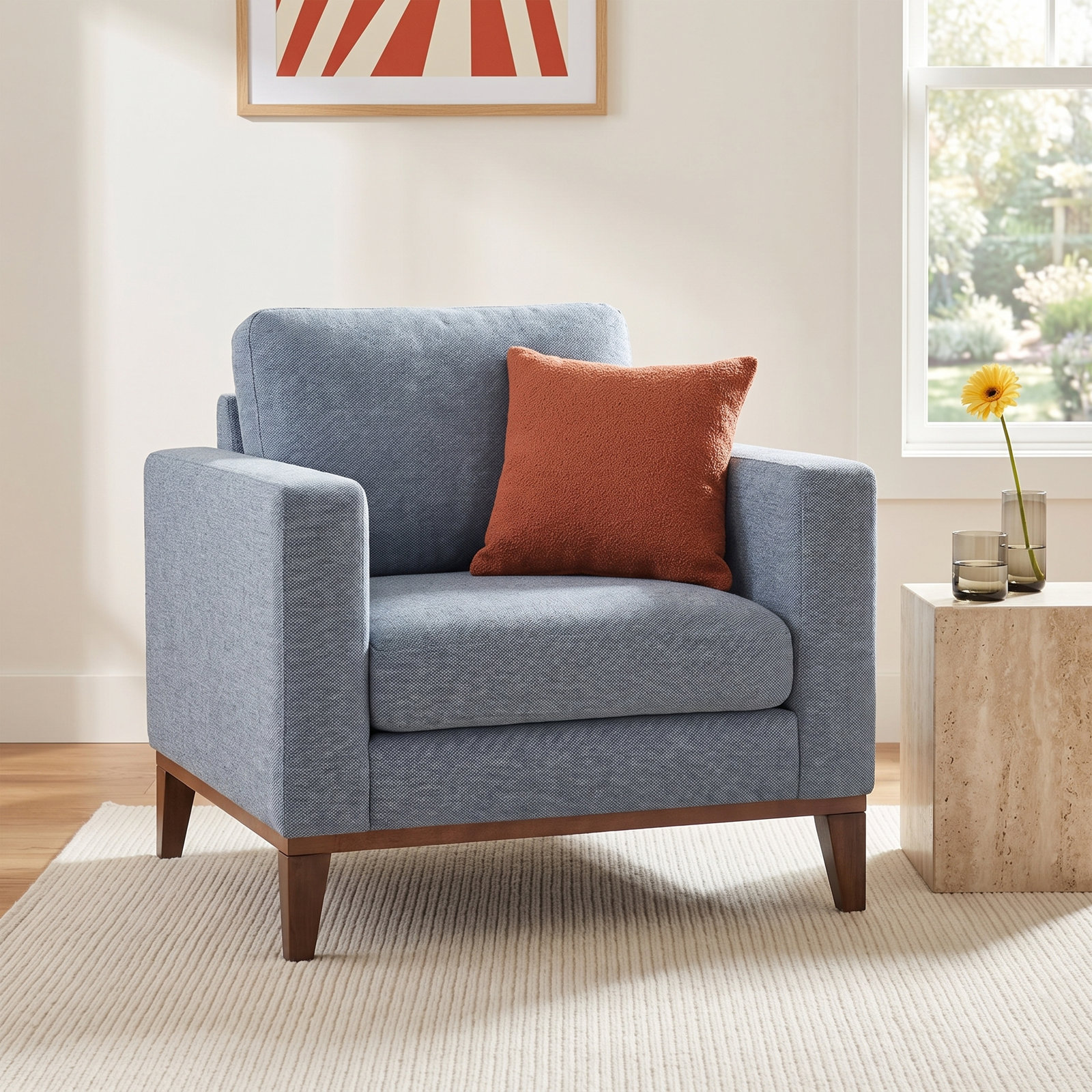 Libra Oak Armchair, Sky Blue Performance Basketweave